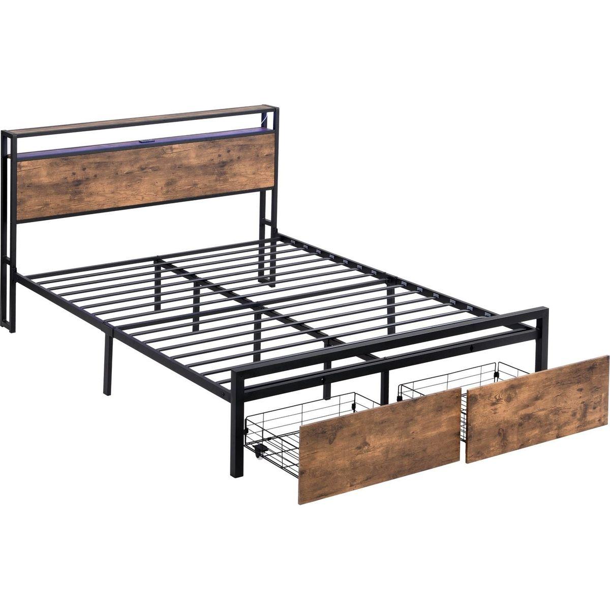 Queen Size Bed Frame with Storage Headboard and 2 Drawers, LED Lights Bed with Charging Station, Metal Platform Bed No Noise, Mattress Foundation Strong Metal Slats Support No Box Spring Needed
