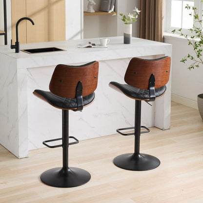 Walnut Bentwood Bar Stools Mid Century Modern Adjustable Counter Height Black Leather Upholstered 360Swivel Bar Chairs for Kitchen Island/Dining Room/Cafe, 1 chair/1carton,Black