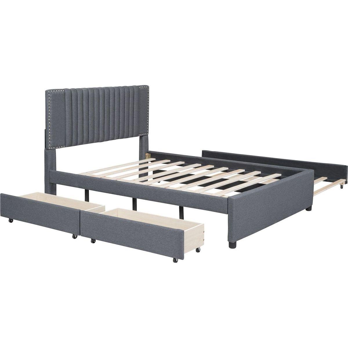Full Size Upholstered Platform Bed with 2 Drawers and 1 Twin Size Trundle, Classic Headboard Design, Gray