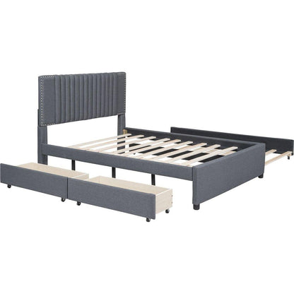 Full Size Upholstered Platform Bed with 2 Drawers and 1 Twin Size Trundle, Classic Headboard Design, Gray