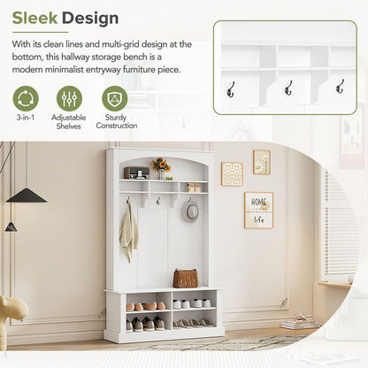 47.2" Wide Hall Tree with Bench and Shoe Storage, Multi-functional Storage Bench with 3 Hanging Hooks & Open Storage Space, Rectangle Storage & Shelves Coat Rack for Hallway, White