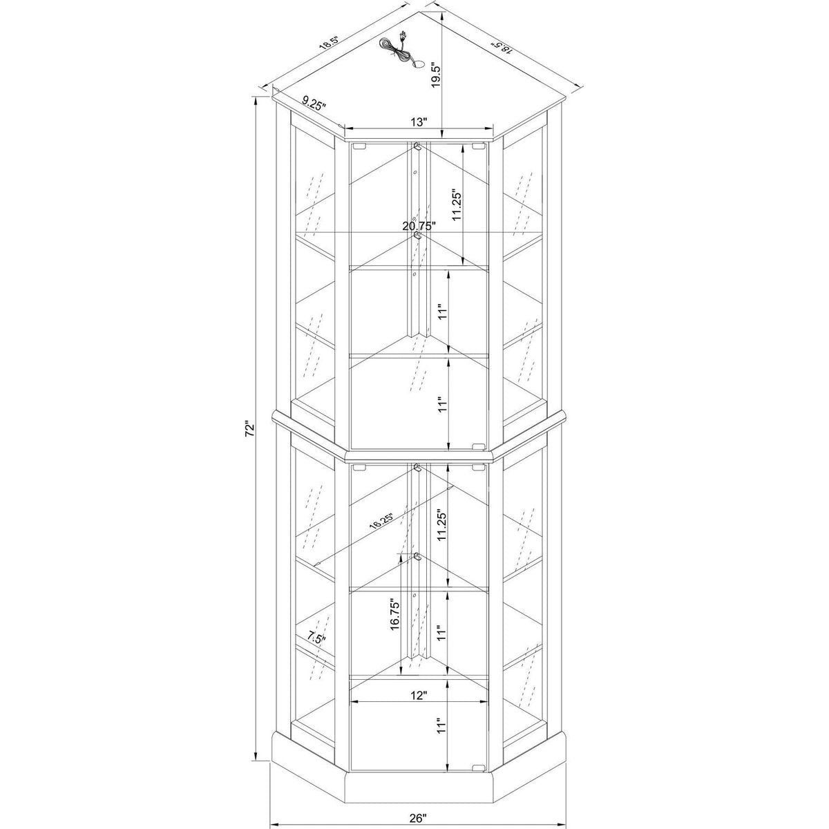 6 Shelf Corner Curio Display Cabinet with Lights, Mirrors and Adjustable Shelves, Oak