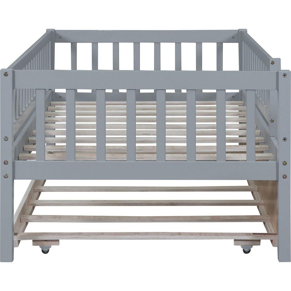 Twin Size Wood Daybed with Trundle and Fence Guardrails, Gray
