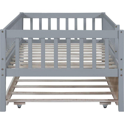 Twin Size Wood Daybed with Trundle and Fence Guardrails, Gray