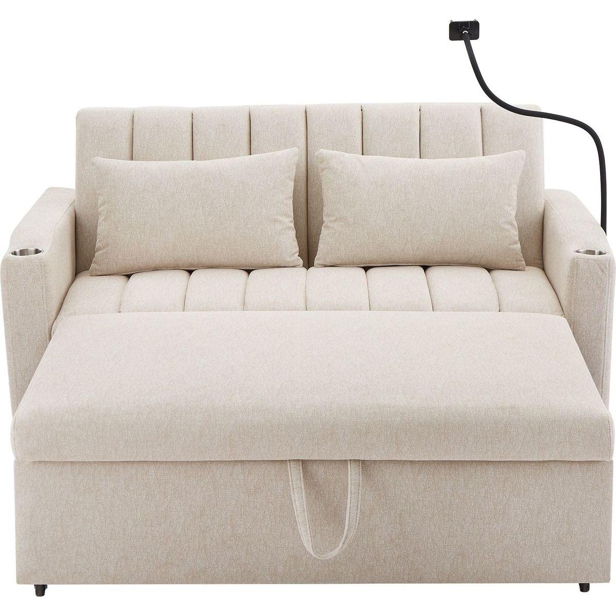 55.9" Convertible Sofa Bed Loveseat Sofa with Three USB Ports, Two Side Pockets, Two Cup Holders and 360Swivel Phone Holder for Living Room, Beige