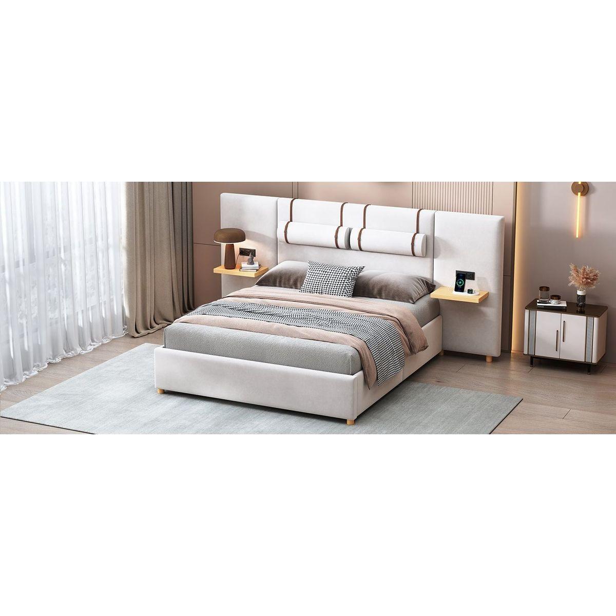Queen Size Upholstered Platform Bed, Two Outlets and USB Charging Ports on Both Sides, Two Bedside Pillows, Storage Shelves,Velvet, Beige