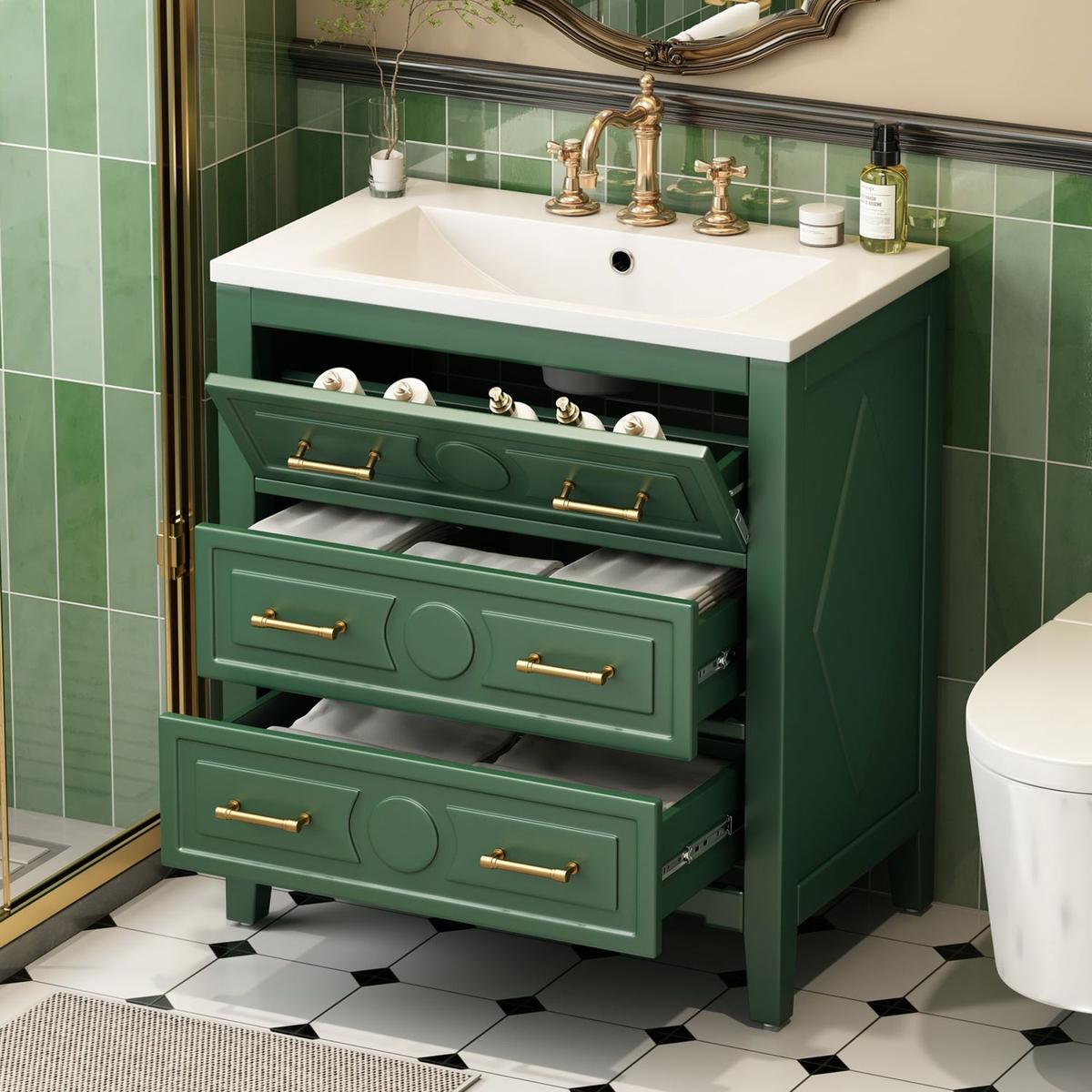 30" Bathroom Vanity with Resin Sink Combo, Free Standing Single Vanity Set with 3 Drawers, Solid Wood Frame Bathroom Storage Cabinet, Green