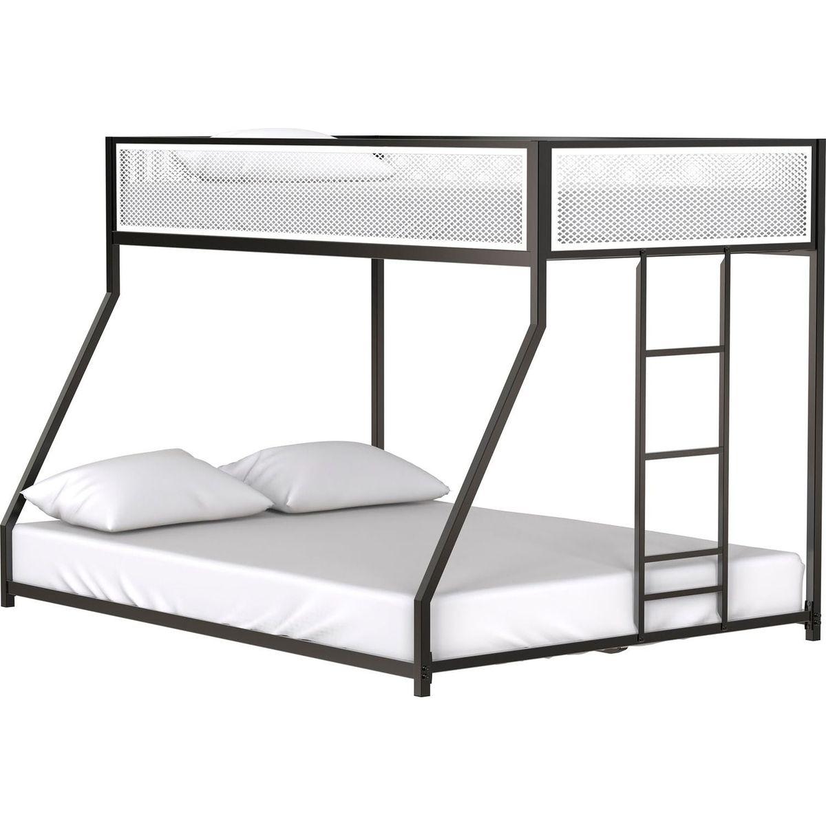 Adam Twin Full Bunk Black with White Mesh Guard Rail for Kids and Adult, Low Profile and Easy Climbing with Stable Ladder