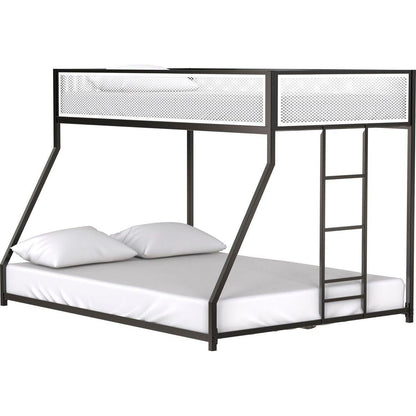 Adam Twin Full Bunk Black with White Mesh Guard Rail for Kids and Adult, Low Profile and Easy Climbing with Stable Ladder