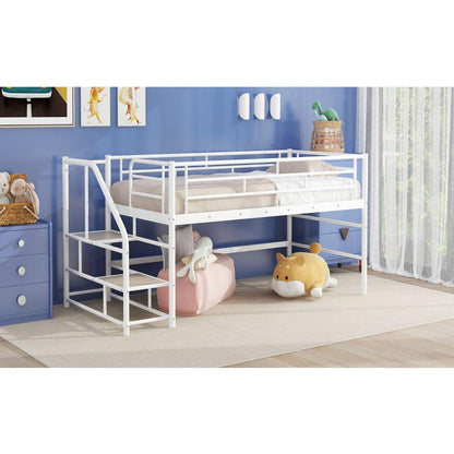 Mid Loft Bed with Storage stairs, Twin, White