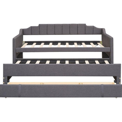 Twin Size Upholstered Daybed with Trundle and Three Drawers,Grey
