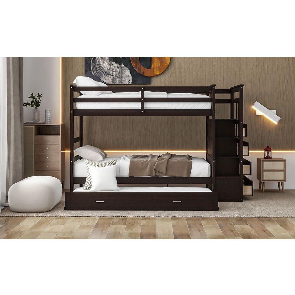 Twin Over Twin Bunk Bed with Trundle and Staircase,Espresso
