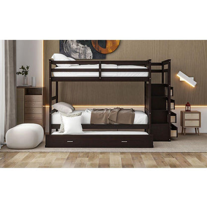 Twin Over Twin Bunk Bed with Trundle and Staircase,Espresso
