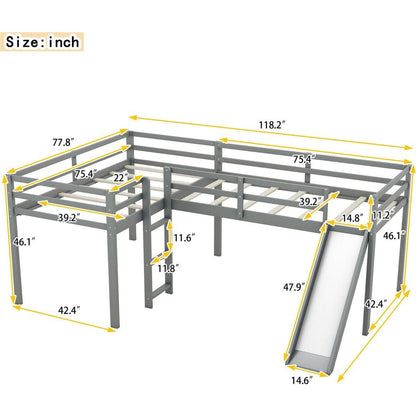 L-Shaped Twin Size Loft Bed with Ladder and Slide, Gray
