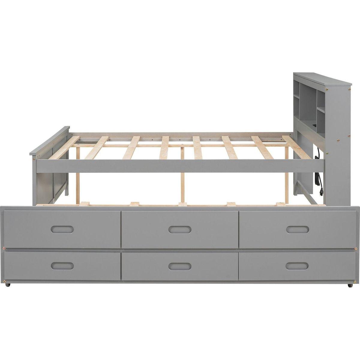 Full Size Platform Bed with Storage Headboard, USB, Twin Size Trundle and 3 Drawers, Gray