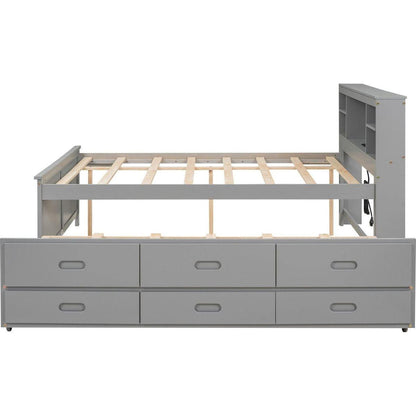 Full Size Platform Bed with Storage Headboard, USB, Twin Size Trundle and 3 Drawers, Gray
