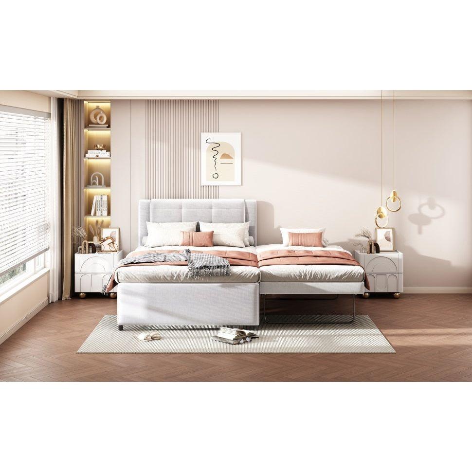 Full Size Upholstery platform bed with Trundle,Trundle can be flat or erected, Beige