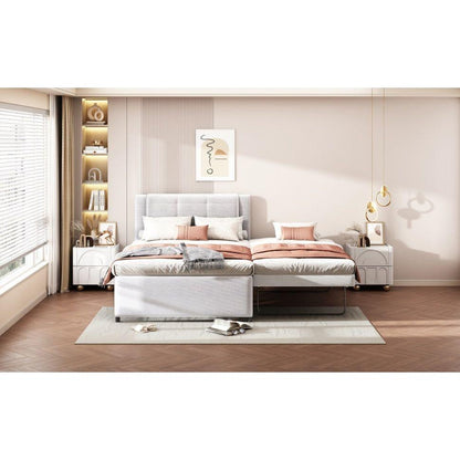 Full Size Upholstery platform bed with Trundle,Trundle can be flat or erected, Beige