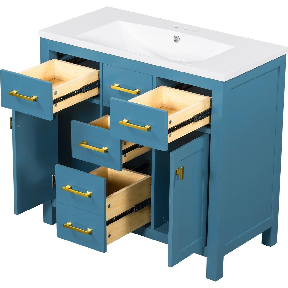 36" Bathroon Vanity with Resin Sink Combo Set,Modern Freestanding Single Bathroom Cabinet with 4 Drawers & 2 Cabinets,Storage Cabinet for Bathroom, Solid Wood Frame Vanity Set, Blue