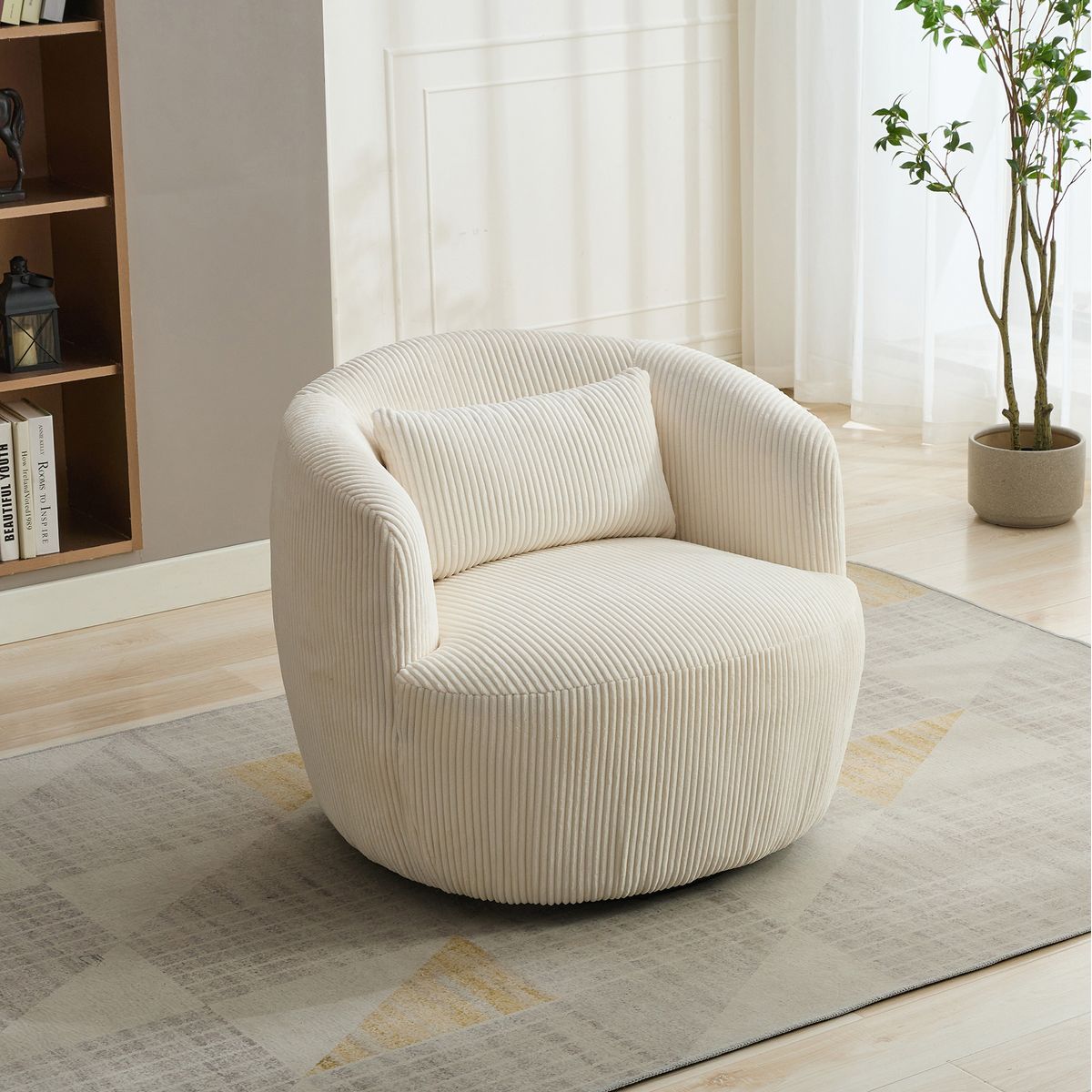 34.25 'Wide Upholstered Corduroy 360° Swivel Barrel Soft Accent Chair with Pillow, Circular Reading Armchair for Club, Living Room, Bedroom, Office, Lounge, Ivory.