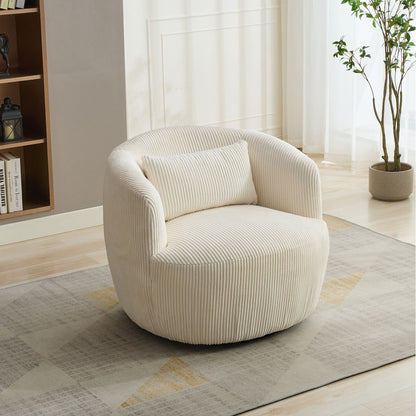 34.25 'Wide Upholstered Corduroy 360° Swivel Barrel Soft Accent Chair with Pillow, Circular Reading Armchair for Club, Living Room, Bedroom, Office, Lounge, Ivory.