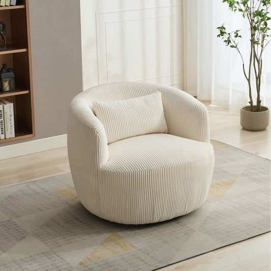 34.25 'Wide Upholstered Corduroy 360° Swivel Barrel Soft Accent Chair with Pillow, Circular Reading Armchair for Club, Living Room, Bedroom, Office, Lounge, Ivory.