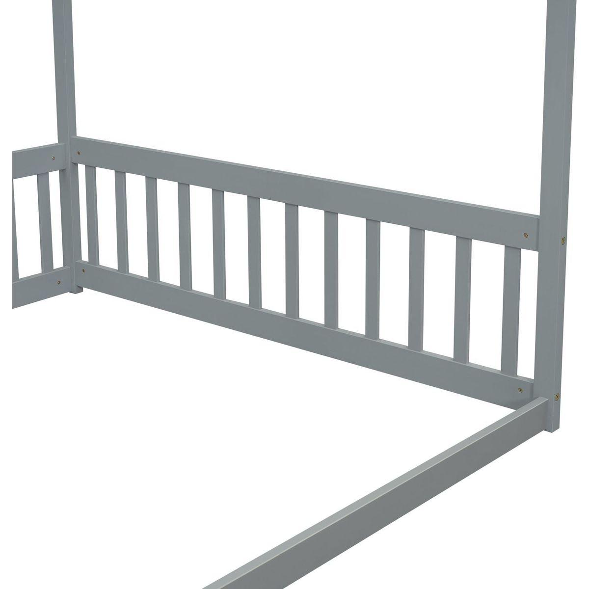Full Size Canopy Frame Floor Bed with Fence, Guardrails,Grey