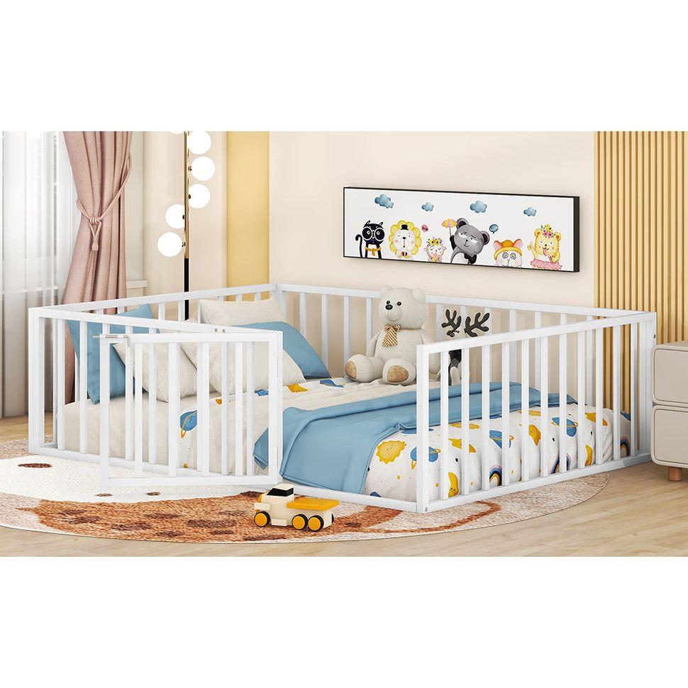 Full Size Metal Floor Bed Frame with Fence and Door, White