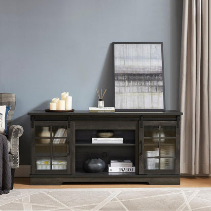 Multipurpose Sliding Door TV Stand Large Storage Cabinet with 2 Sliding Fluted Glass Tempered Doors, TV Up to 65", TV Desk Storage Rack, Charcoal GREY, 59.13"Wx15.94"Dx27.8"H