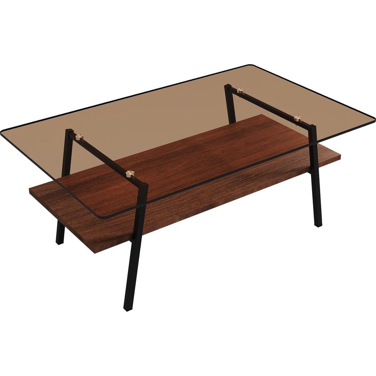Rectangle Coffee Table, Tempered Glass Tabletop with Black Metal Legs, Modern Table for Living Room, Brown Glass