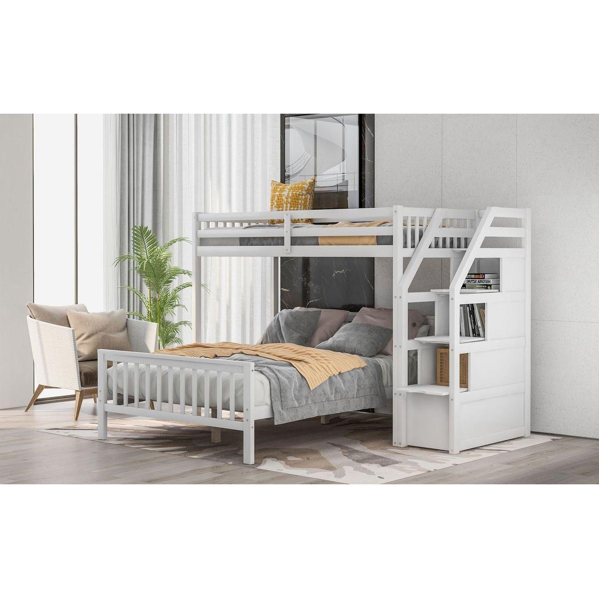 Twin over Full Loft Bed with Staircase,White