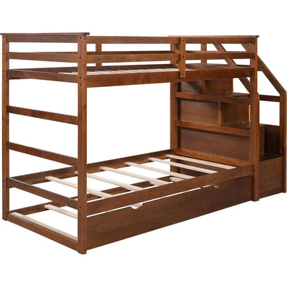 Twin-Over-Twin Bunk Bed with Twin Size Trundle and 3 Storage Stairs,Walnut