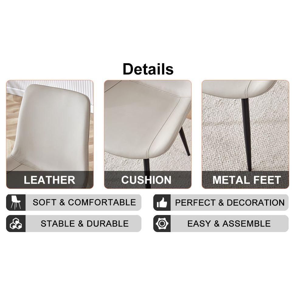 Light gray artificial leather backrest cushion dining chair, black metal legs, curved widened cushion design for more comfort, suitable for restaurants, kitchens, bedrooms, offices.(6 chairs) 0502