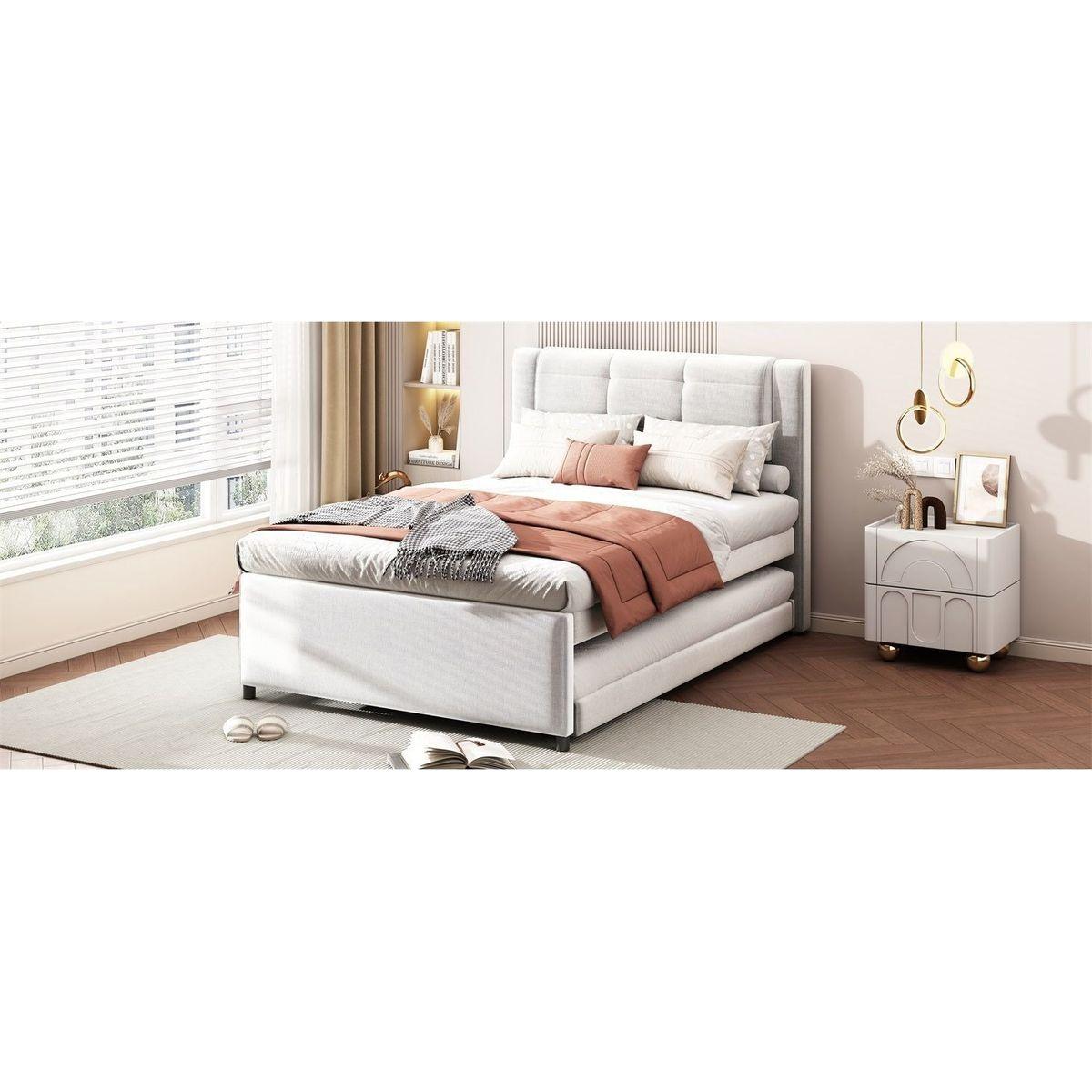 Full Size Upholstery platform bed with Trundle,Trundle can be flat or erected, Beige