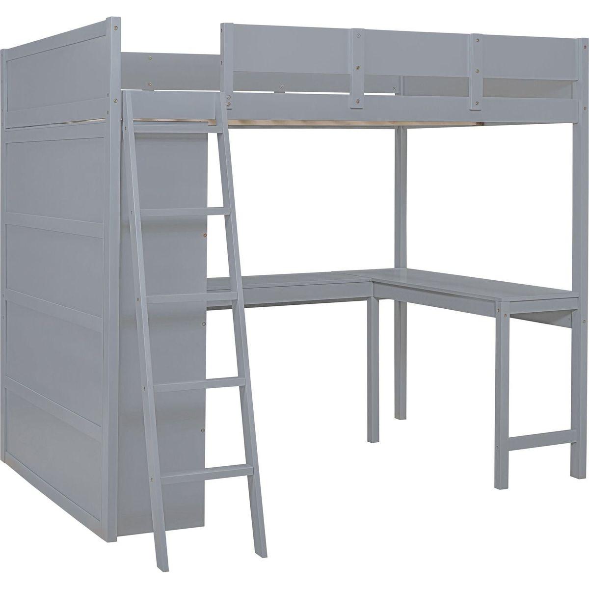 Full Size Loft Bed with Desk and Shelf - Gray