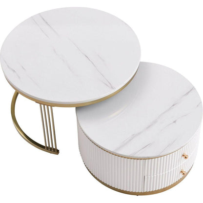Modern 2 Pieces White Round Nesting Coffee Table with Drawers in 27.6"