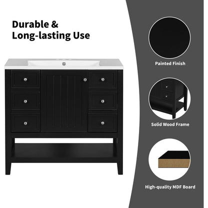 36" Bathroom Vanity with Sink Combo, One Cabinet and Three Drawers, Solid Wood and MDF Board, Black