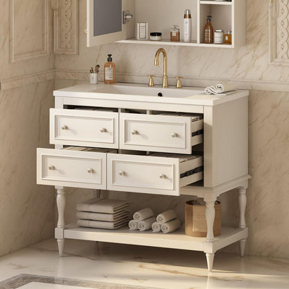 36" Bathroom Vanity Cabinet with Sink Combo Set, Undermount Resin Sink, Free Standing Vanity Set with 4 Drawers, Solid Wood Frame Bathroom Cabinet, Beige