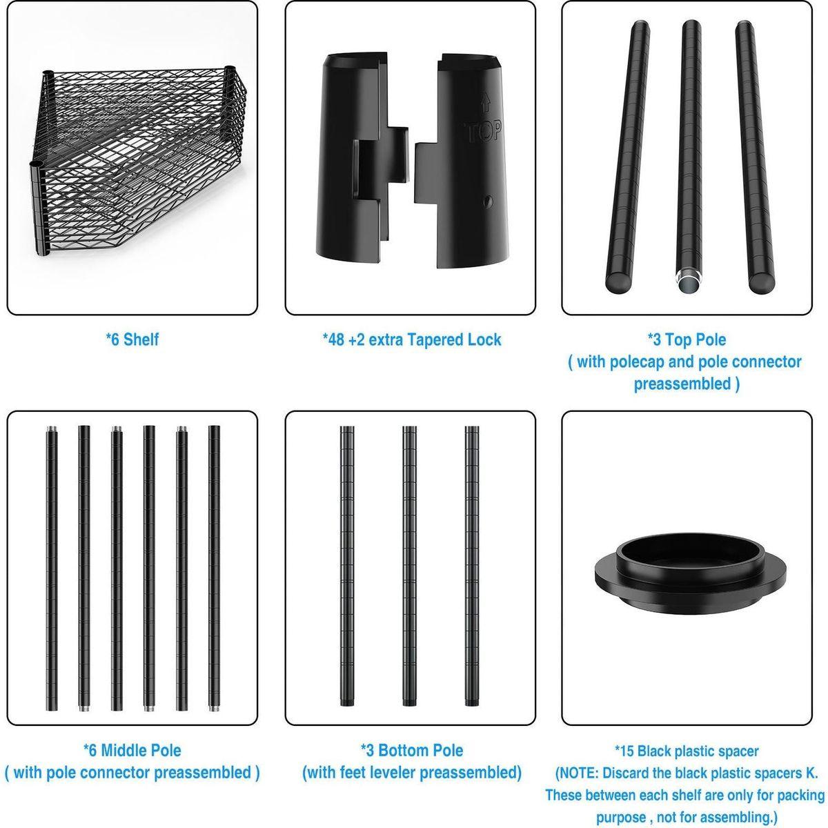 6 Tier Shelf Corner Wire Shelf Rack Pentagonal Shelves Adjustable Metal Heavy Duty Free Standing Corner Storage Display Chrome Rack for Bathroom, Living Room, Kitchen - Black