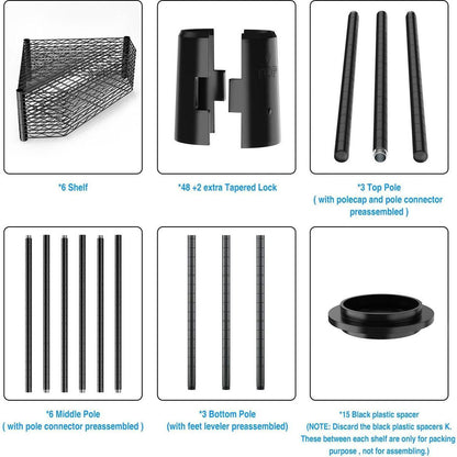 6 Tier Shelf Corner Wire Shelf Rack Pentagonal Shelves Adjustable Metal Heavy Duty Free Standing Corner Storage Display Chrome Rack for Bathroom, Living Room, Kitchen - Black