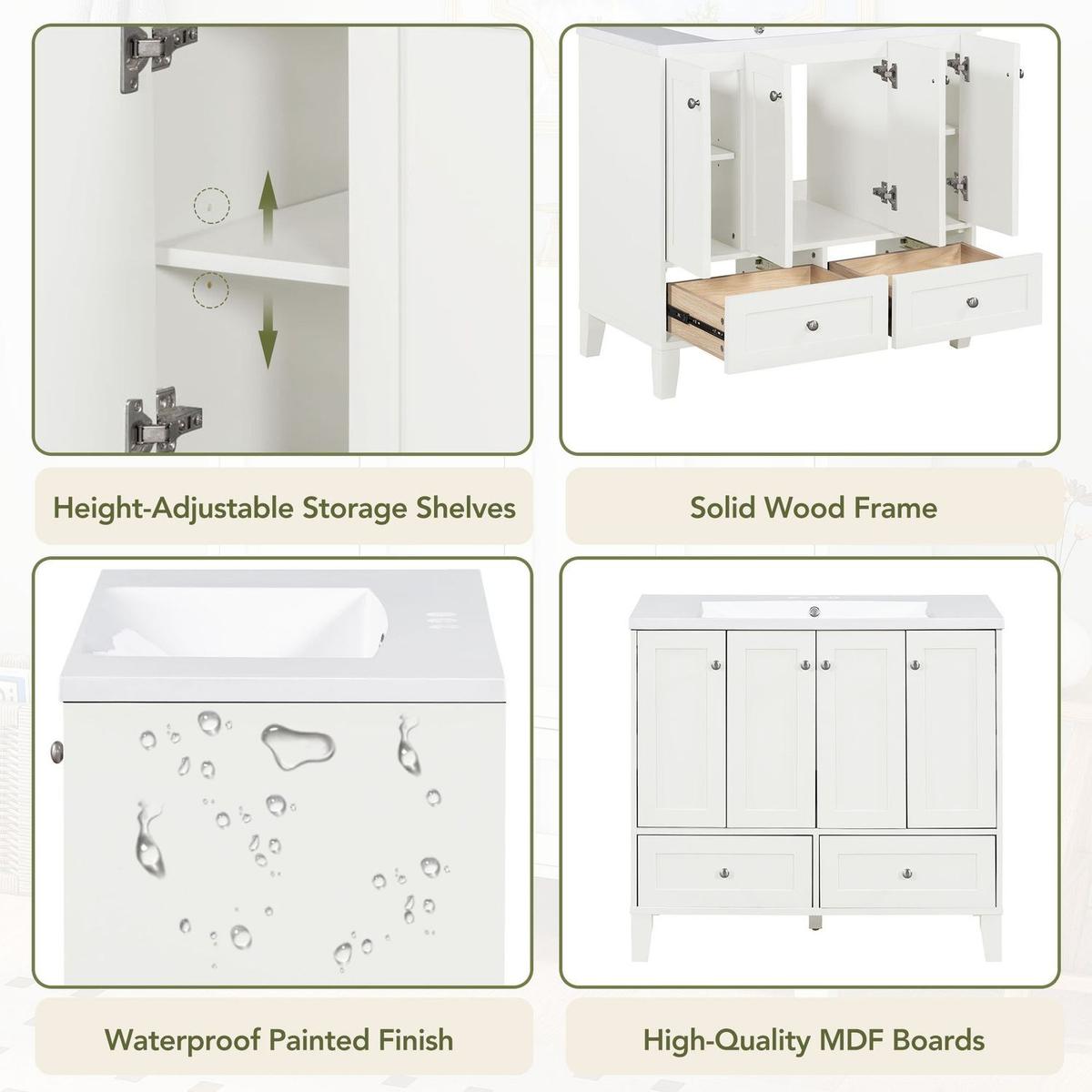 36" Bathroom Vanity with Resin Sink Combo,Solid Wood Frame Bathroom Storage Cabinet, Freestanding Vanity Set with 4 Soft Closing Doors& 2 Drawers