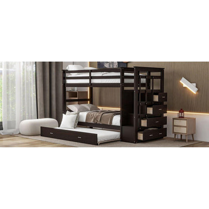 Twin Over Twin Bunk Bed with Trundle and Staircase,Espresso