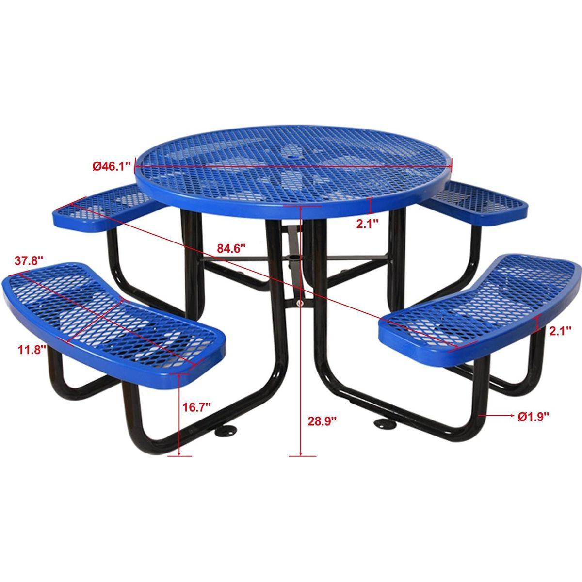 Round Outdoor Steel Picnic Table 46" blue, with umbrella pole