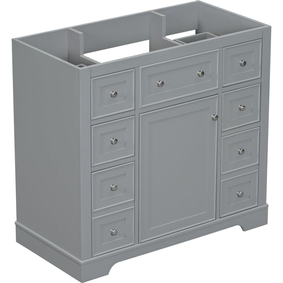 36" Bathroom Vanity without Sink, Cabinet Base Only, One Cabinet and Six Drawers, Grey