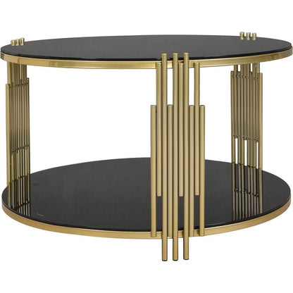 Modern Black Mirror Coffee Table, Asymmetrical Metal, Circular Metal Drum Base, Gold Finish & Lower Shelf