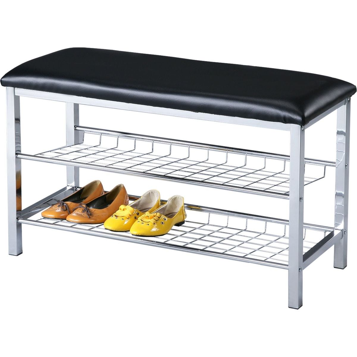 Metal Shoe Bench with Black Faux Leather Seat, Silver
