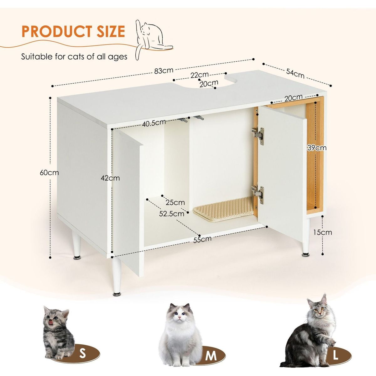 bathroom sink cabinet with Cat Litter Box enclosure, Hidden Litter Pet Washroom with Divider, Indoor Cat House for Large Cats, Wooden Cabinet Furniture, White