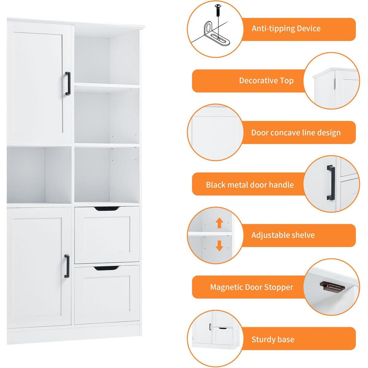 Bathroom Storage Cabinet with Doors and Drawers, Multiple Storage Space, Freestanding Style, Open Shelve, Adjustable Shelf, White