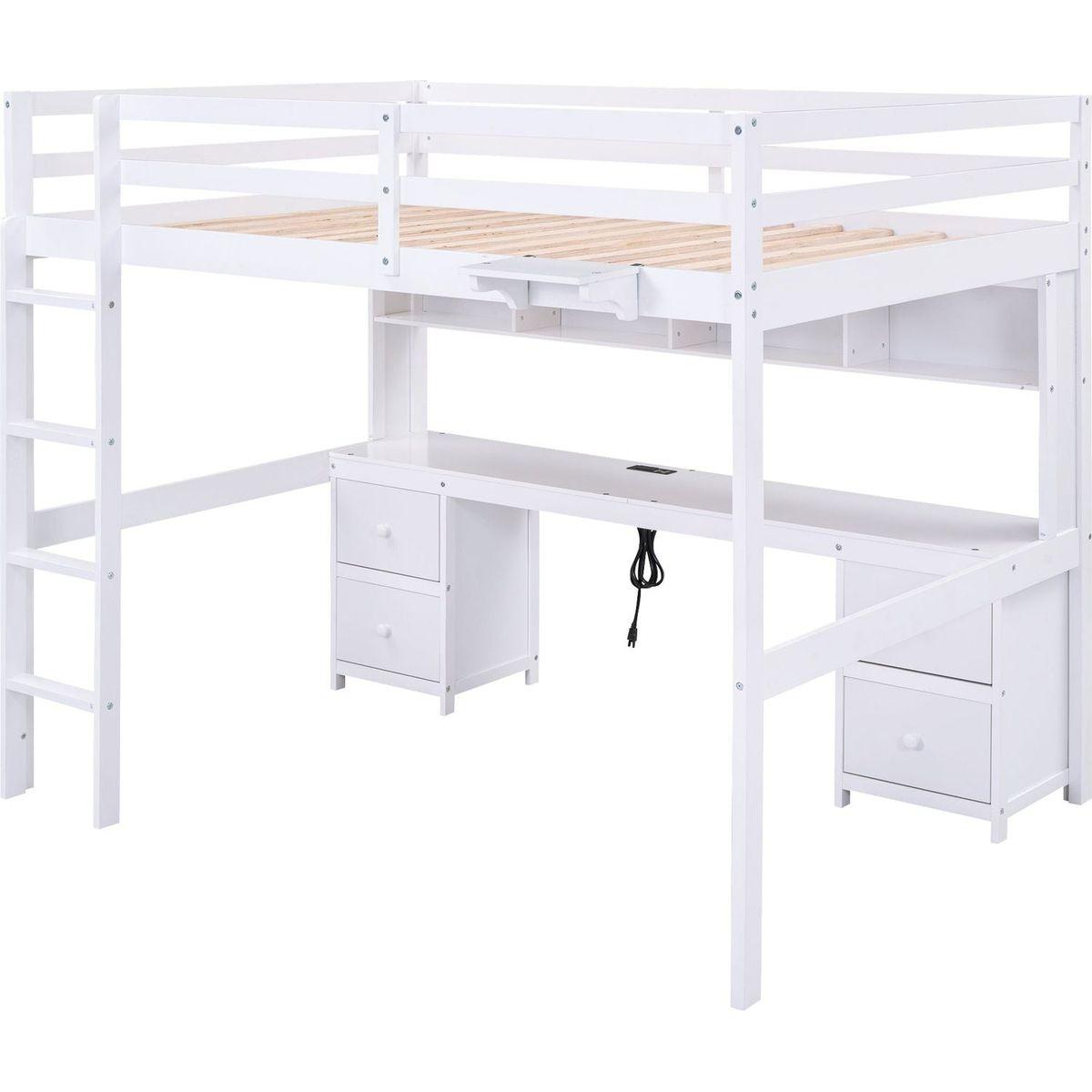 Full Size Loft Bed with Desk, Cabinets, Drawers and Bedside Tray, Charging Station, White