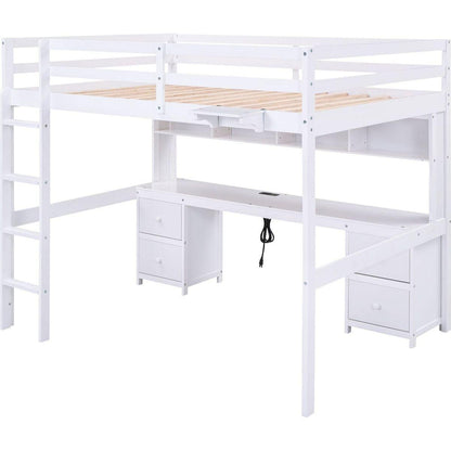 Full Size Loft Bed with Desk, Cabinets, Drawers and Bedside Tray, Charging Station, White